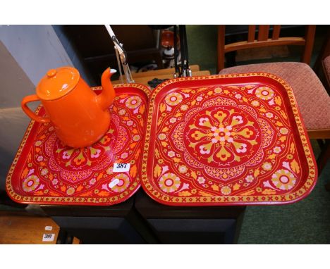 Pair of JRM Design Limited trays designed by Ian Logan and a Orange enamel hot water jug 