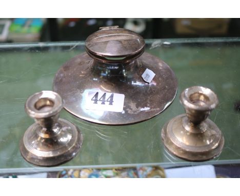 Edwardian Silver Capstan Inkwell and a Pair of Squat Silver Candlesticks 