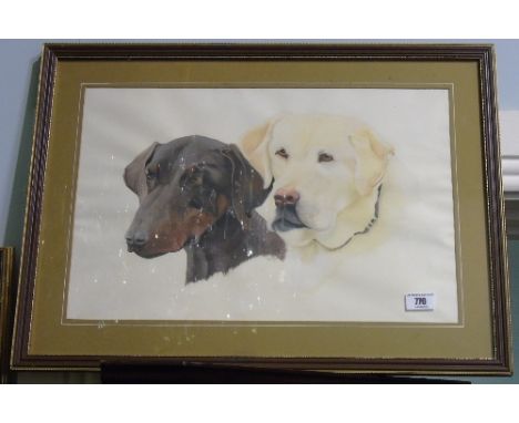 A Watercolour Portrait of a Labrador and Doberman; signed T Brook 1990, 31 x 48 cm.