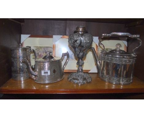 A Silver-Plated Engine Turned Teapot, Chocolate Pot, Kettle & Victorian Table Lamp (4).