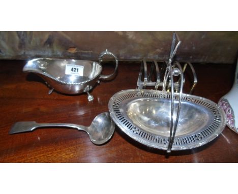 A Silver Plate Toast Rack, Gravy Ladle, Sweet Basket & Sauceboat (4).
