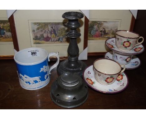 Three Lustre Cups & Saucers, an 1840 Harvest Mug & a Pewter Inkwell & Candlestick.