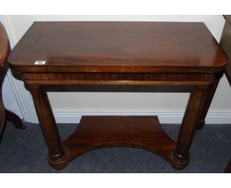 A Pair of Mahogany Wall mounted Console Tables, with shaped under tier, on column supports.