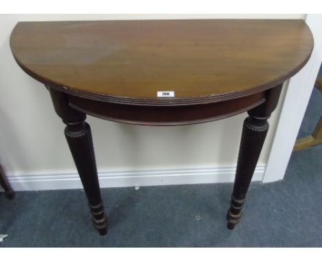 A Pair of Georgian Style Mahogany Demi-lune Wall Mounted Console Tables, having reeded edges and standing on turned and reede