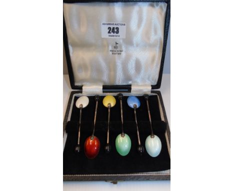 A Set of Six Silver Plate and Coloured Enamel Coffee Bean Spoons in a Walker & Hall of Sheffield Case.