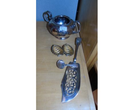 An Antique Silver-Plated Fish Slice, a Pair of Gilded Shell Salts & an Antique Tea Caddy Spoon.