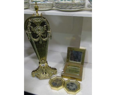 A Late 19th Early 20th Century 'Peacock' Brass Fire Screen, and A Pair of Brass Framed Mirrors, having a punched design to th