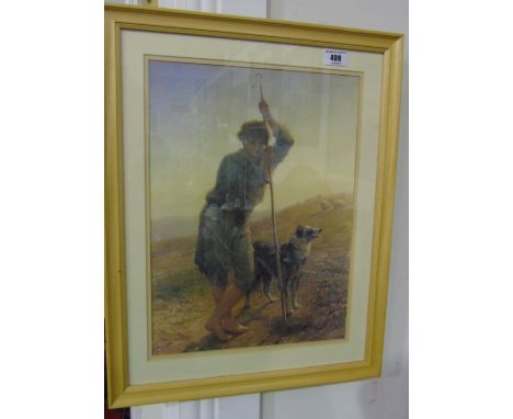 A Coloured Print of a Sheep Herder & Dog.