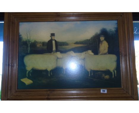 An Oleograph of Sheep, Shepherd & Master in Rustic Frame.