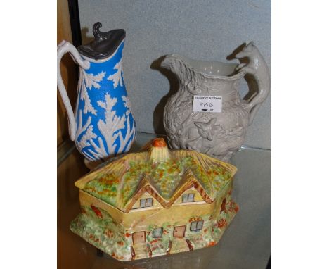 A Victorian Pewter Lidded Blue & White Small Parian Jug, a Stoneware Fox Hunting Jug, c.1840 & an Attractive House Box, c. 19