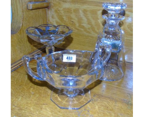 A Cut Glass Decanter with Spirit Label, with a 'Chippendale' glass bowl & a silver mounted tazza 3).