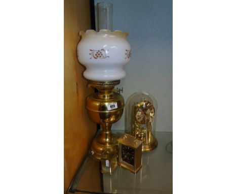 A Victorian Style Brass Oil Lamp (electric), together with a miniature brass carriage clock, etc.