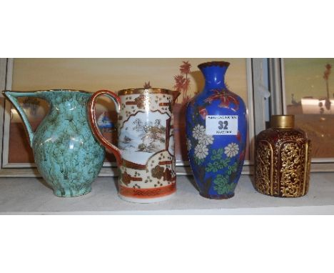 A 19th Century Ruby and Gilded Glass Vase; a cloisonné vase and two jugs.