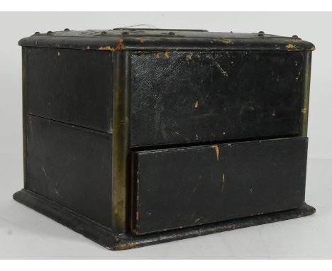 A 19th century Victorian leather and brass bound articulated travel puzzle jewellery / deed box trunk. Of square form bound i