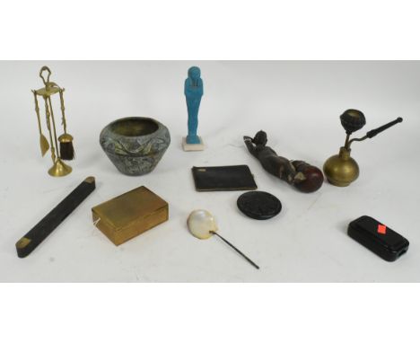 An assorted collection of 19th century and later curios to include a carved gourd flask, Indian brass hookah chillum pipe, en