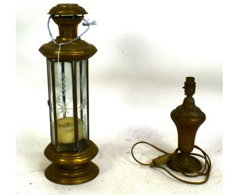 A 20th century brass lantern having etched glass panels together with a Benares enamelled table lamp. Measures 47cm tall.