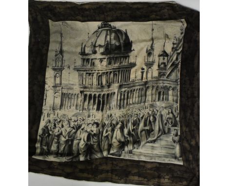A vintage 20th century Jacqmar silk scarf neckerchief. With architectural building to central panel, with a thorn style borde