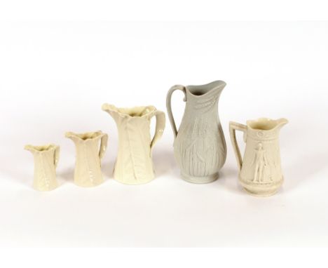 A set of three graduated Royal Worcester blanc de chine leaf pattern jugs; a 19th Century Parian ware commemorative jug; and 