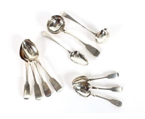 A Victorian silver sauce ladle, London 1852; a Georgian similar, (marks rubbed); 7 various 19th Century Fiddle pattern desser