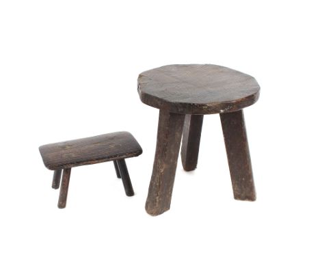 An Antique elm four legged stool; and a rustic three legged stool, (2)