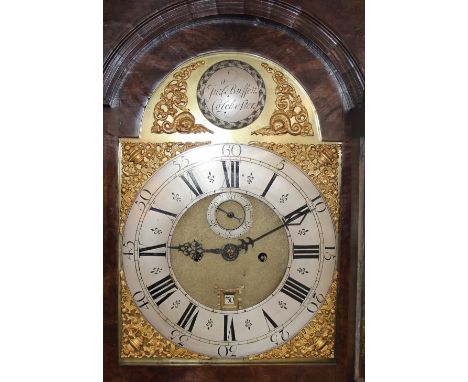 J.N.O. Buffett, Colchester, long case clock, having brass spandrilled dial and steel chapter ring supporting an 8 day movemen