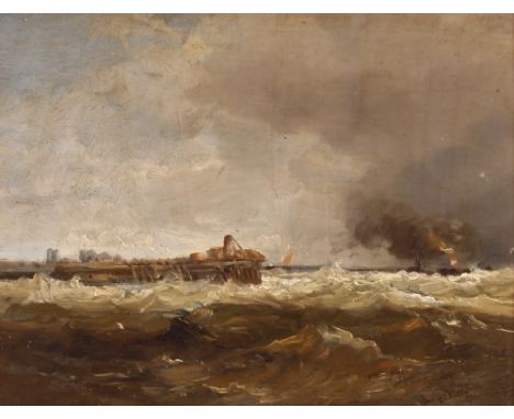 James Webb, seascape with ships approaching a jetty in heavy swell, exhibition labels verso, signed oil on board, dated 1881,