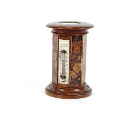 A Tunbridge ware compass/thermometer, of octagonal column form, 23.5cm high