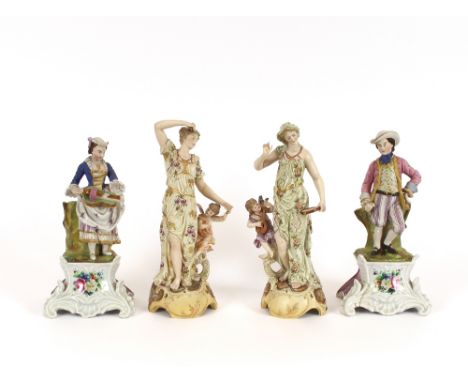 A pair of continental Bisque ware figures, depicting maidens and cherubs playing musical instruments, 32cm high, AF; and a pa