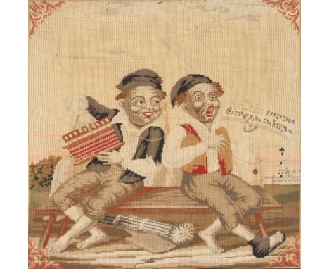A 19th Century humorous needlepoint picture, depicting two figures, one playing the accordion and one singing, 40cm x 40cm