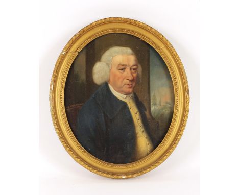 Early 19th Century school, oval portrait study of a bewigged gentleman in blue velvet cloak and waistcoat, unsigned oil on ca