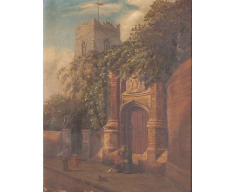 19th Century school, study of figures seated near Wolsey's Gate, Ipswich, unsigned oil on canvas, 45cm x 34cm
