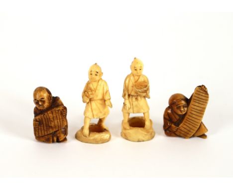 Two carved ivory Netsuke; and two small ivory figures, (3)