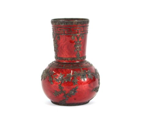 A cloisonne cylindrical posy vase, decorated with birds and flowers, 9.5cm high; a similar baluster vase, 7cm high; and a con