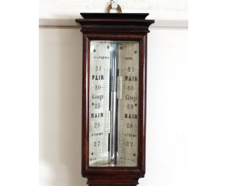A 19th Century rosewood cased gimbal stick barometer, by Lilley &amp; Son, London, having silvered dials and brass reservoir,