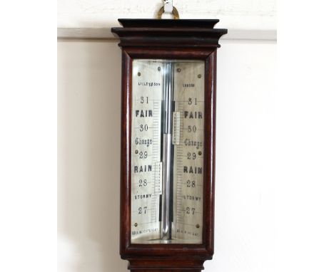 A 19th Century rosewood cased gimbal stick barometer, by Lilley &amp; Son, London, having silvered dials and brass reservoir,