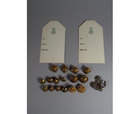 8 King Shropshire Light Infantry buttons, with officer pips and crowns denoting rank of Colonel. Together with original KSLI 