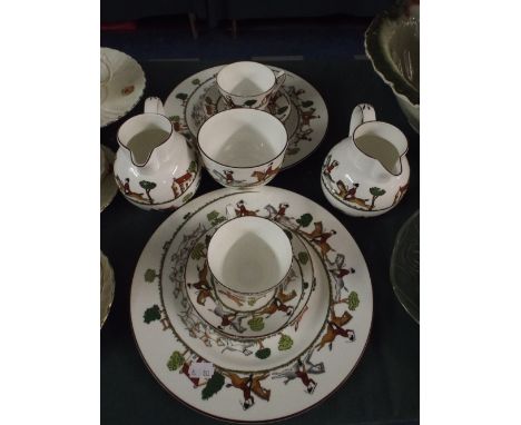 A Collection of Crown Hunting Scene China to Include Two Jugs, Two Plates, Two Cups and Saucers and a Sugar Bowl