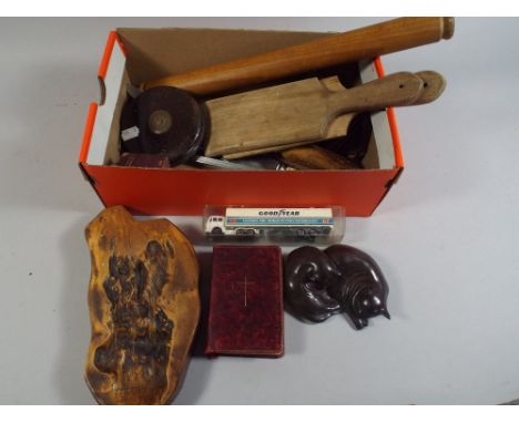 A Box of Sundries to Include Butter Pats, Carving Knife, Carving Steel, Rolling Pin etc 