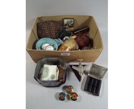 A Box of Curios to Include Tin, Optic Pourer, Pocket Watches, Playing Cards, Globe, Model Jet etc