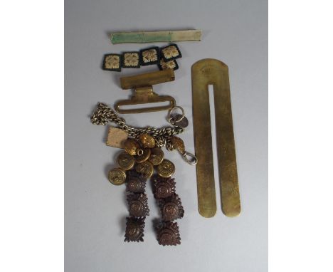 Brass button stick, medal bar (for 3 medals) belt buckle fittings, set of officers pips denoting rank of  Captain, in metal, 