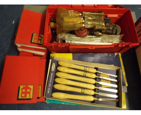 A Box Containing Workshop Tools, DIY Manuals, Set of Marples Chisels, Dovetailing Router Guide etc
