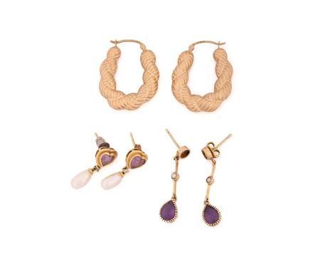 Three pairs of earrings; to include a pair of 9ct yellow gold creole earrings in twisted rope design, drop length 3.1 cm; a p