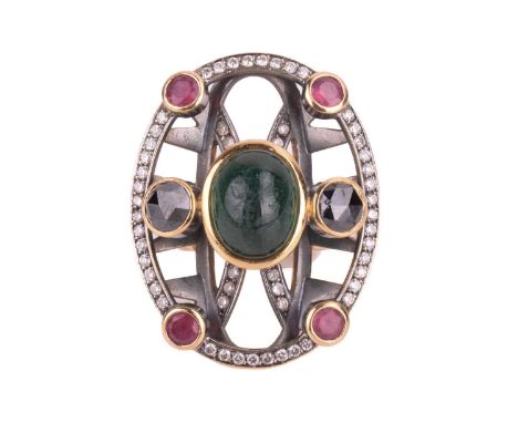 A tourmaline and diamond cocktail ring, the oval panel centred with an oval green tourmaline cabochon of 12.9 x 9.7 mm, flank