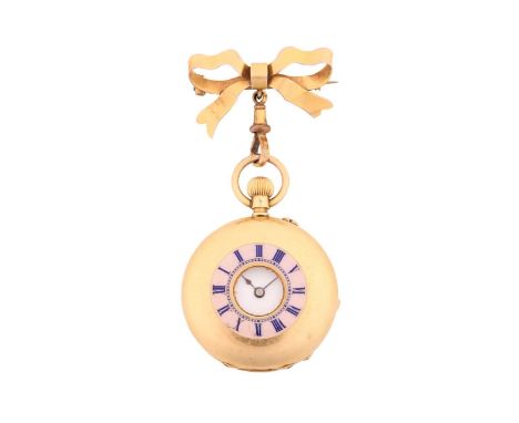 An 18ct gold half hunter fob watch on a 9ct gold bow brooch, featuring a keyless wound movement in a yellow metal half hunter