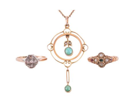 A collection of jewellery comprising a turquoise and seed pearl pendant in an abstract lavaliere design marked '9ct' to the r