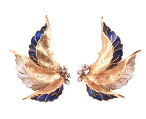A pair of diamond and enamel ear clips designed as a foliate spray and set with round brilliant cut diamonds, each leaf in te