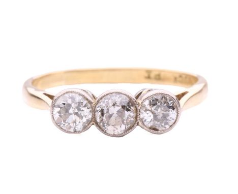 A diamond trilogy ring, comprising three old-European-cut diamonds in coronet settings with millegrain details, with an estim