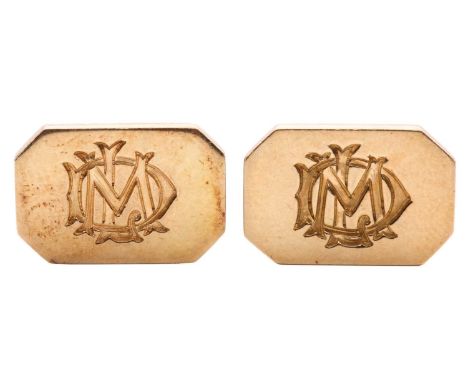 A pair of octagonal cufflinks, the panels engraved with monograms and toggle fittings to verso, unmarked yellow metal testing
