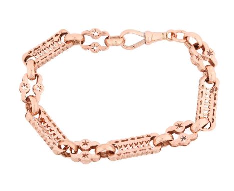 A fancy link watch chain, comprising a series of hollow and pierced links connected with faceted belcher loops, fastened with