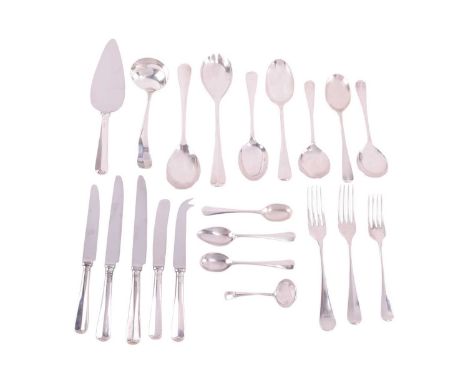 A matched collection of silver Hanoverian Rattail pattern flatware comprising, a sauce ladle, two teaspoons, a grapefruit spo